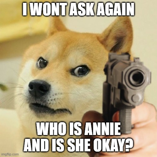 Doge Pointing Gun Meme Template |  I WONT ASK AGAIN; WHO IS ANNIE AND IS SHE OKAY? | image tagged in doge pointing gun meme template | made w/ Imgflip meme maker
