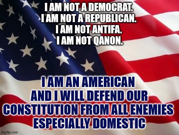 Defend America | I AM NOT A DEMOCRAT. 
I AM NOT A REPUBLICAN. 
I AM NOT ANTIFA. 
I AM NOT QANON. I AM AN AMERICAN 
AND I WILL DEFEND OUR CONSTITUTION FROM ALL ENEMIES 
ESPECIALLY DOMESTIC | image tagged in american flag | made w/ Imgflip meme maker