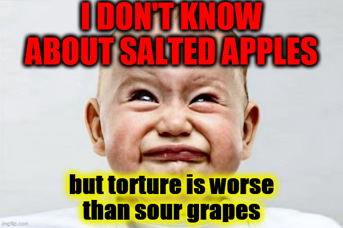Sour Face | I DON'T KNOW
ABOUT SALTED APPLES but torture is worse
than sour grapes | image tagged in sour face | made w/ Imgflip meme maker