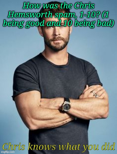 Chris knows | How was the Chris Hemsworth spam, 1-10? (1 being good and 10 being bad) | image tagged in chris knows | made w/ Imgflip meme maker