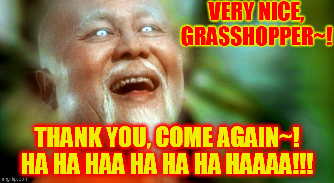 Master Po 2 | VERY NICE,
GRASSHOPPER~! THANK YOU, COME AGAIN~!
HA HA HAA HA HA HA HAAAA!!! | image tagged in master po 2 | made w/ Imgflip meme maker