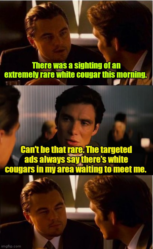 They want to meet you. | There was a sighting of an extremely rare white cougar this morning. Can't be that rare. The targeted ads always say there's white cougars in my area waiting to meet me. | image tagged in memes,inception,funny | made w/ Imgflip meme maker