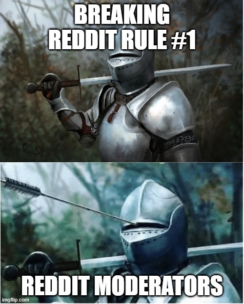 Knight with arrow in helmet | BREAKING REDDIT RULE #1; REDDIT MODERATORS | image tagged in knight with arrow in helmet | made w/ Imgflip meme maker