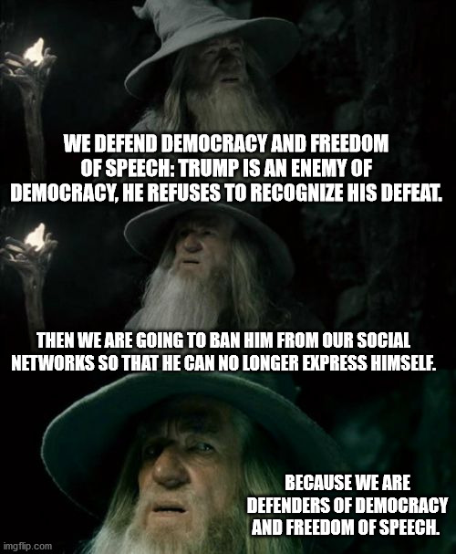 California über alles | WE DEFEND DEMOCRACY AND FREEDOM OF SPEECH: TRUMP IS AN ENEMY OF DEMOCRACY, HE REFUSES TO RECOGNIZE HIS DEFEAT. THEN WE ARE GOING TO BAN HIM FROM OUR SOCIAL NETWORKS SO THAT HE CAN NO LONGER EXPRESS HIMSELF. BECAUSE WE ARE DEFENDERS OF DEMOCRACY AND FREEDOM OF SPEECH. | image tagged in memes,confused gandalf,trump,twitter,democracy | made w/ Imgflip meme maker