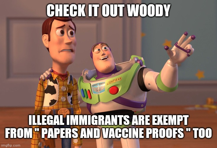X, X Everywhere Meme | CHECK IT OUT WOODY ILLEGAL IMMIGRANTS ARE EXEMPT FROM " PAPERS AND VACCINE PROOFS " TOO | image tagged in memes,x x everywhere | made w/ Imgflip meme maker