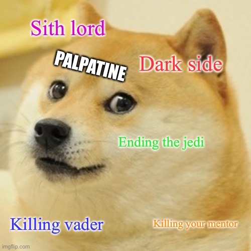 Doge Meme | Sith lord; PALPATINE; Dark side; Ending the jedi; Killing your mentor; Killing vader | image tagged in memes,doge | made w/ Imgflip meme maker
