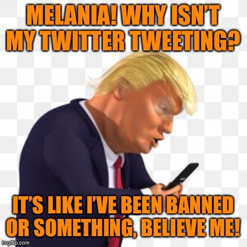 MELANIA! WHY ISN’T MY TWITTER TWEETING? IT’S LIKE I’VE BEEN BANNED OR SOMETHING, BELIEVE ME! | made w/ Imgflip meme maker
