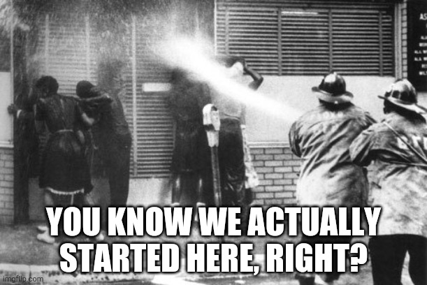 Civil Rights Fire Hose | YOU KNOW WE ACTUALLY STARTED HERE, RIGHT? | image tagged in civil rights fire hose | made w/ Imgflip meme maker
