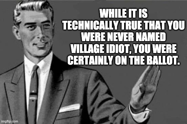 Village idiot | WHILE IT IS TECHNICALLY TRUE THAT YOU WERE NEVER NAMED VILLAGE IDIOT, YOU WERE CERTAINLY ON THE BALLOT. | image tagged in you're an idiot | made w/ Imgflip meme maker