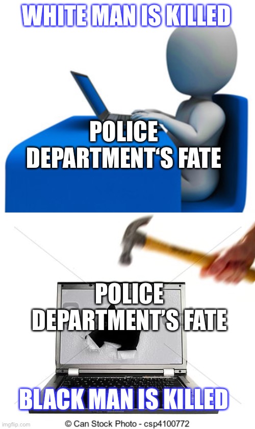 What happens when someone dies | WHITE MAN IS KILLED; POLICE DEPARTMENT‘S FATE; POLICE DEPARTMENT’S FATE; BLACK MAN IS KILLED | image tagged in man typing on computer | made w/ Imgflip meme maker