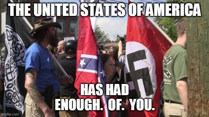 Trump's base - Confederate Nazi white supremacists | THE UNITED STATES OF AMERICA; HAS HAD
ENOUGH.  OF.  YOU. | image tagged in trump's base - confederate nazi white supremacists | made w/ Imgflip meme maker