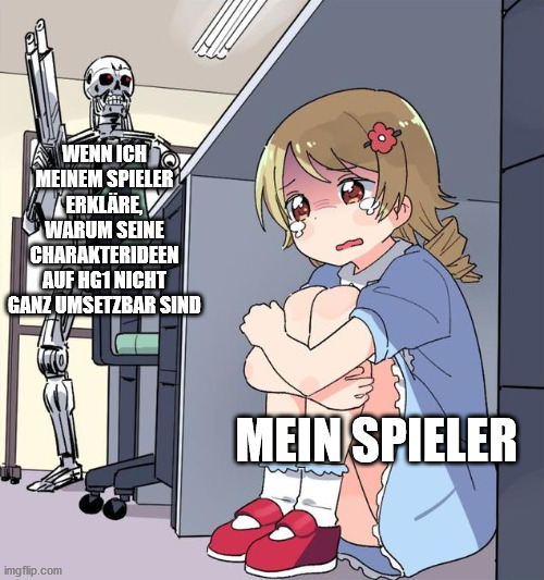 anime robot girl | WENN ICH MEINEM SPIELER ERKLÄRE, WARUM SEINE CHARAKTERIDEEN AUF HG1 NICHT GANZ UMSETZBAR SIND; MEIN SPIELER | image tagged in anime robot girl | made w/ Imgflip meme maker