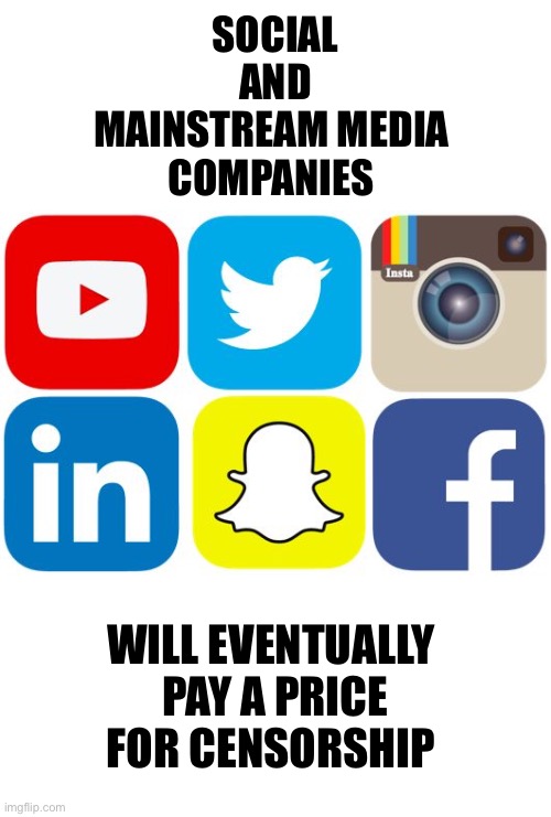 Twitter, Facebook, Google, YouTube, et al | SOCIAL
 AND 
MAINSTREAM MEDIA 
COMPANIES; WILL EVENTUALLY 
PAY A PRICE
FOR CENSORSHIP | image tagged in social media icons,facebook,twitter,google | made w/ Imgflip meme maker