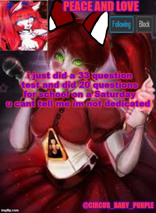 i just did a 33 question test and did 20 questions for school on a Saturday u cant tell me im not dedicated | image tagged in circus baby furry style | made w/ Imgflip meme maker