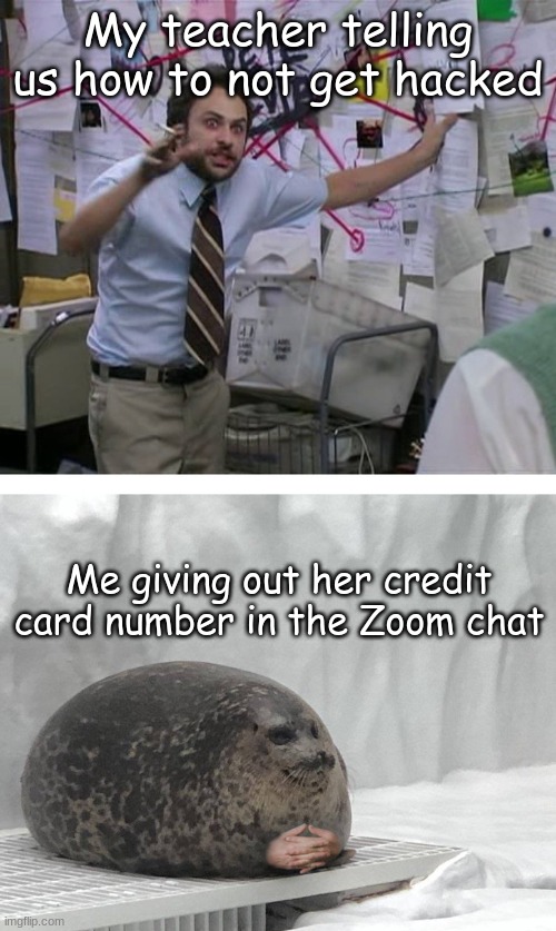 Pepe Silvia Charlie Explaining to a Seal | My teacher telling us how to not get hacked; Me giving out her credit card number in the Zoom chat | image tagged in pepe silvia charlie explaining to a seal,online school,school meme,funny,memes | made w/ Imgflip meme maker
