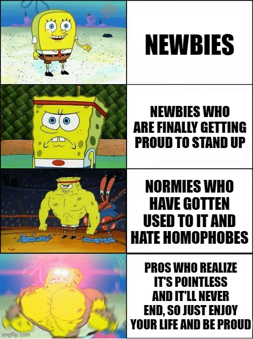 People who join LGBT scale | NEWBIES; NEWBIES WHO ARE FINALLY GETTING PROUD TO STAND UP; NORMIES WHO HAVE GOTTEN USED TO IT AND HATE HOMOPHOBES; PROS WHO REALIZE IT'S POINTLESS AND IT'LL NEVER END, SO JUST ENJOY YOUR LIFE AND BE PROUD | image tagged in sponge finna commit muder,lgbt,pro,lgbtq,strong | made w/ Imgflip meme maker