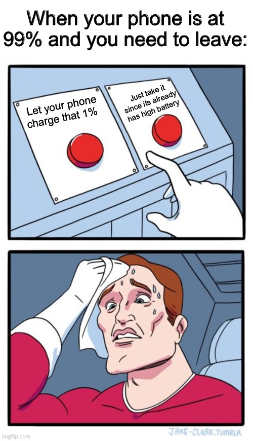 The struggle | When your phone is at 99% and you need to leave:; Just take it since its already has high battery; Let your phone charge that 1% | image tagged in memes,two buttons,funny | made w/ Imgflip meme maker