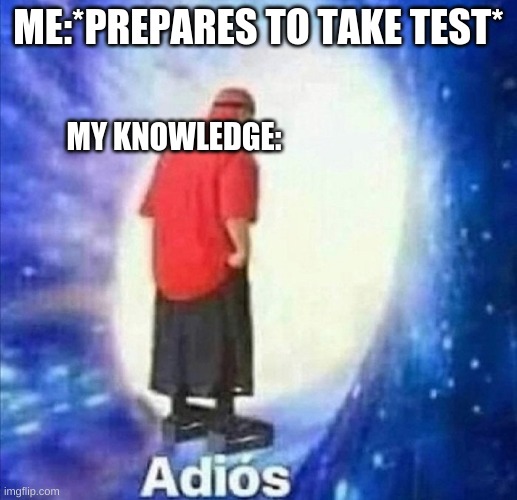 this is what my brain cells would do. | ME:*PREPARES TO TAKE TEST*; MY KNOWLEDGE: | image tagged in adios,funny,haha,memes,funny memes | made w/ Imgflip meme maker
