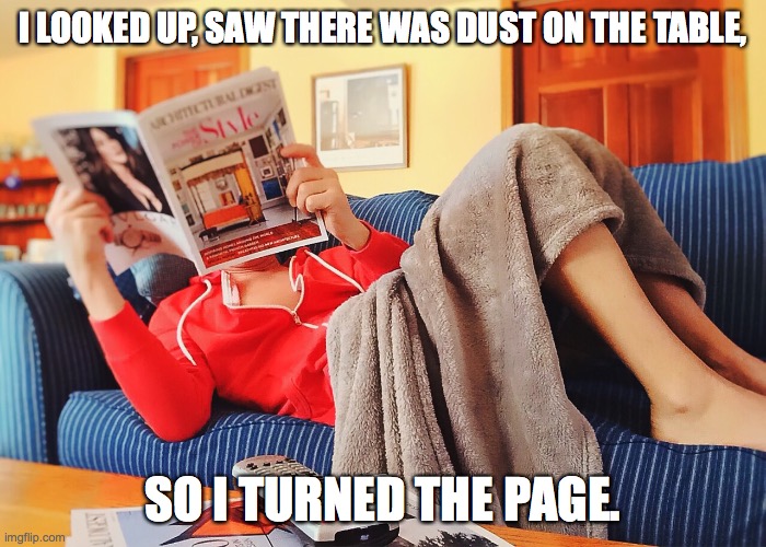 Reading | I LOOKED UP, SAW THERE WAS DUST ON THE TABLE, SO I TURNED THE PAGE. | image tagged in reading,not cleaning,relax | made w/ Imgflip meme maker