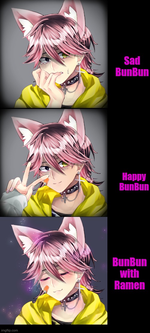 Lol I made some more facial expressions for myself!! | Sad BunBun; Happy BunBun; BunBun with Ramen | image tagged in blank black | made w/ Imgflip meme maker