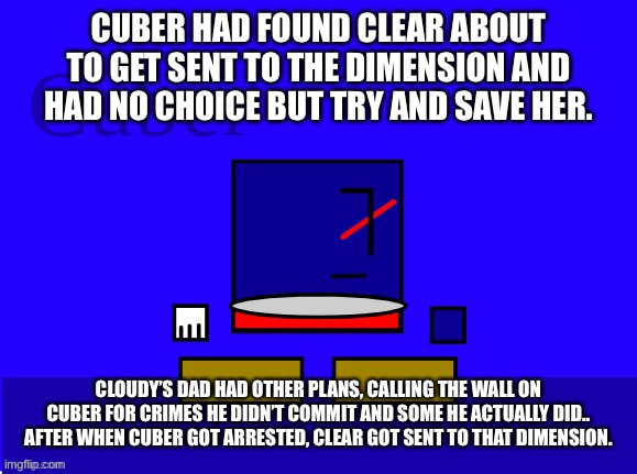 and that’s how Cuber got sent to the wall.. | CUBER HAD FOUND CLEAR ABOUT TO GET SENT TO THE DIMENSION AND HAD NO CHOICE BUT TRY AND SAVE HER. CLOUDY’S DAD HAD OTHER PLANS, CALLING THE WALL ON CUBER FOR CRIMES HE DIDN’T COMMIT AND SOME HE ACTUALLY DID.. AFTER WHEN CUBER GOT ARRESTED, CLEAR GOT SENT TO THAT DIMENSION. | made w/ Imgflip meme maker