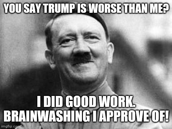 adolf hitler | YOU SAY TRUMP IS WORSE THAN ME? I DID GOOD WORK. BRAINWASHING I APPROVE OF! | image tagged in adolf hitler | made w/ Imgflip meme maker