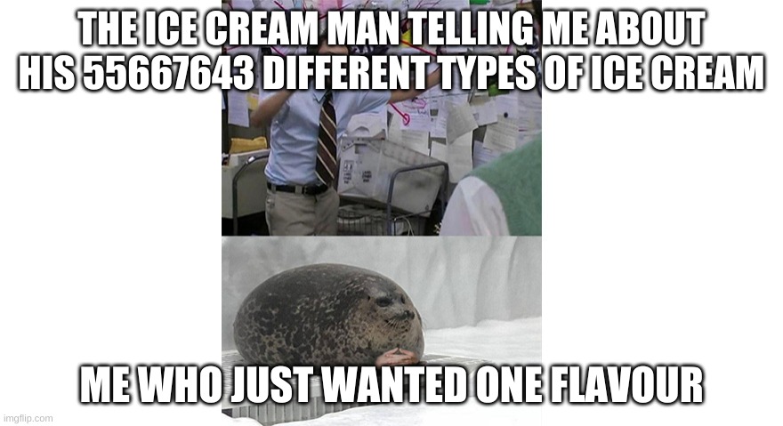 Seal Listening to Crazy Theories |  THE ICE CREAM MAN TELLING ME ABOUT HIS 55667643 DIFFERENT TYPES OF ICE CREAM; ME WHO JUST WANTED ONE FLAVOUR | image tagged in seal listening to crazy theories | made w/ Imgflip meme maker