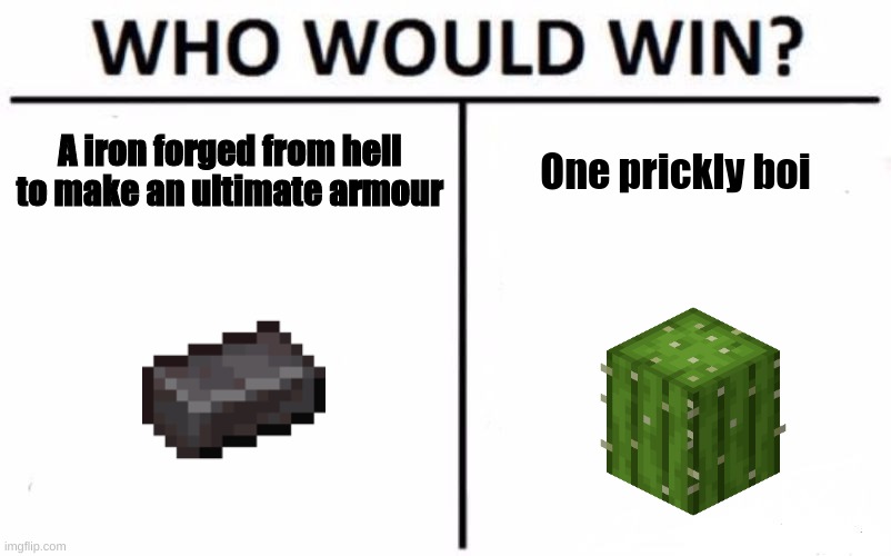 Who Would Win? | A iron forged from hell to make an ultimate armour; One prickly boi | image tagged in memes,who would win | made w/ Imgflip meme maker