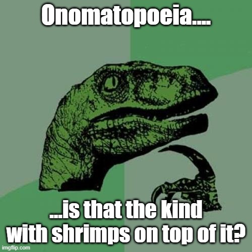 Word of the day. | Onomatopoeia.... ...is that the kind with shrimps on top of it? | image tagged in memes,philosoraptor | made w/ Imgflip meme maker