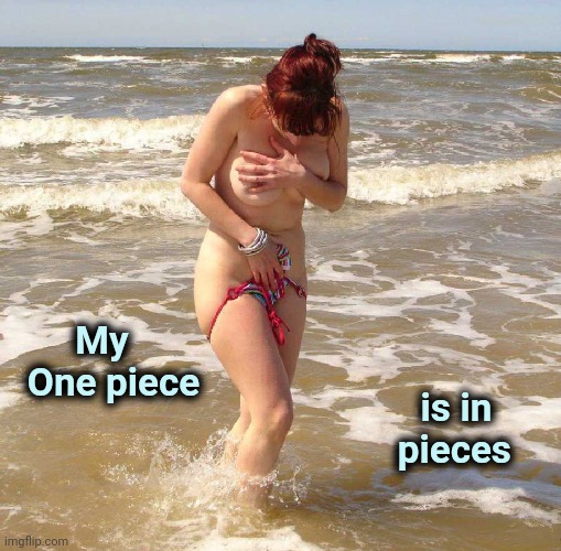 Wardrobe malfunction | My
 One piece; is in     
pieces | image tagged in day at the beach,im in danger,waves,name someone who has been through more pain | made w/ Imgflip meme maker