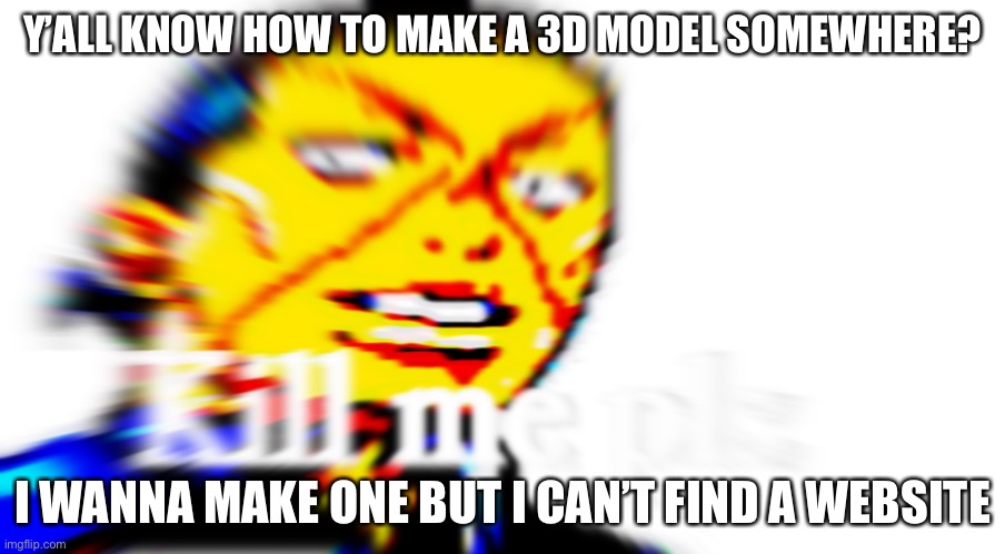 Kill me pls | Y’ALL KNOW HOW TO MAKE A 3D MODEL SOMEWHERE? I WANNA MAKE ONE BUT I CAN’T FIND A WEBSITE | image tagged in kill me pls | made w/ Imgflip meme maker