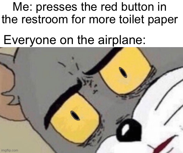 Oh god. | Me: presses the red button in the restroom for more toilet paper; Everyone on the airplane: | image tagged in unsettled tom,airplane | made w/ Imgflip meme maker