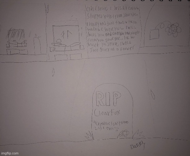 And uncolored comic of Cuber talking to Clear’s grave (Clear belongs to CloudDays) | image tagged in cuber,clear,ocs,comic | made w/ Imgflip meme maker