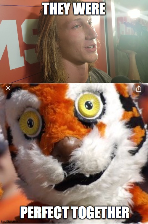 power couple | THEY WERE; PERFECT TOGETHER | image tagged in trevor lawrence,clemson mascot | made w/ Imgflip meme maker