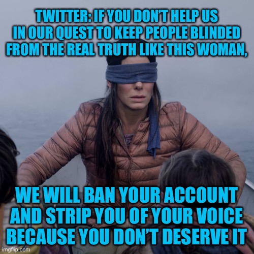 Twitter is full of it. | TWITTER: IF YOU DON’T HELP US IN OUR QUEST TO KEEP PEOPLE BLINDED FROM THE REAL TRUTH LIKE THIS WOMAN, WE WILL BAN YOUR ACCOUNT AND STRIP YOU OF YOUR VOICE BECAUSE YOU DON’T DESERVE IT | image tagged in memes,bird box,politics,twitter,funny,donald trump | made w/ Imgflip meme maker