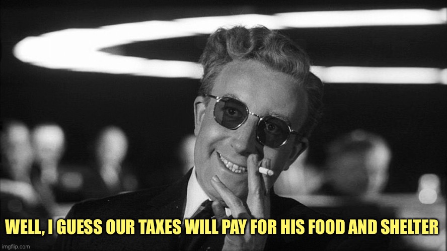 Doctor Strangelove says... | WELL, I GUESS OUR TAXES WILL PAY FOR HIS FOOD AND SHELTER | image tagged in doctor strangelove says | made w/ Imgflip meme maker