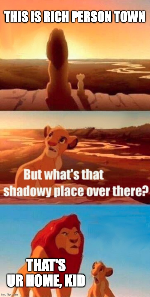 Simba Shadowy Place Meme | THIS IS RICH PERSON TOWN; THAT'S UR HOME, KID | image tagged in memes,simba shadowy place | made w/ Imgflip meme maker