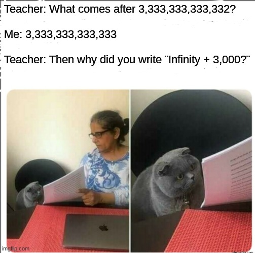 Infinity + 3,000? WOW That´s Crappy #T2M | Teacher: What comes after 3,333,333,333,332?
 
Me: 3,333,333,333,333
 
Teacher: Then why did you write ¨Infinity + 3,000?¨ | image tagged in then why did you write | made w/ Imgflip meme maker