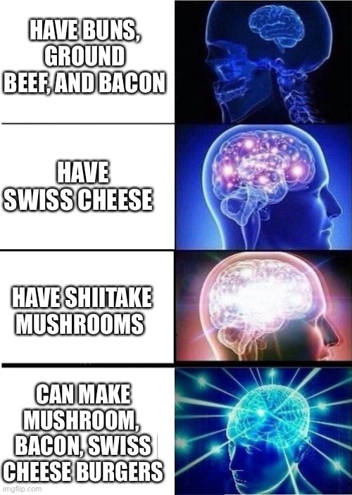mind blown template | HAVE BUNS, GROUND BEEF, AND BACON; HAVE SWISS CHEESE; HAVE SHIITAKE MUSHROOMS; CAN MAKE MUSHROOM, 
BACON, SWISS CHEESE BURGERS | image tagged in mind blown template | made w/ Imgflip meme maker