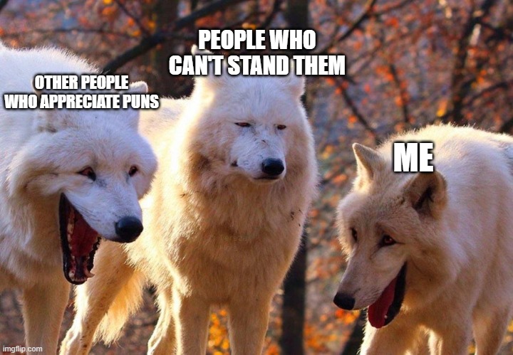 Laughing Wolves | OTHER PEOPLE WHO APPRECIATE PUNS PEOPLE WHO CAN'T STAND THEM ME | image tagged in laughing wolves | made w/ Imgflip meme maker