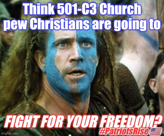 Freedom is not Free.  #PatriotsRise | Think 501-C3 Church pew Christians are going to; FIGHT FOR YOUR FREEDOM? #PatriotsRise 🇺🇸 | image tagged in braveheart,freedom,this is america,stand up,patriots,the great awakening | made w/ Imgflip meme maker