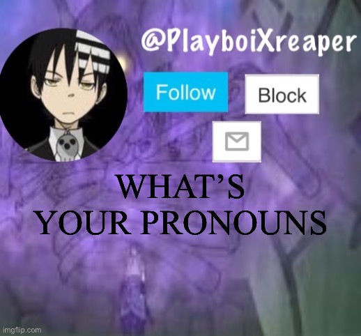 PlayboiXreaper | WHAT’S YOUR PRONOUNS | image tagged in playboixreaper | made w/ Imgflip meme maker