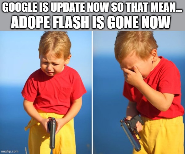 Crying kid with gun | GOOGLE IS UPDATE NOW SO THAT MEAN... ADOPE FLASH IS GONE NOW | image tagged in crying kid with gun | made w/ Imgflip meme maker