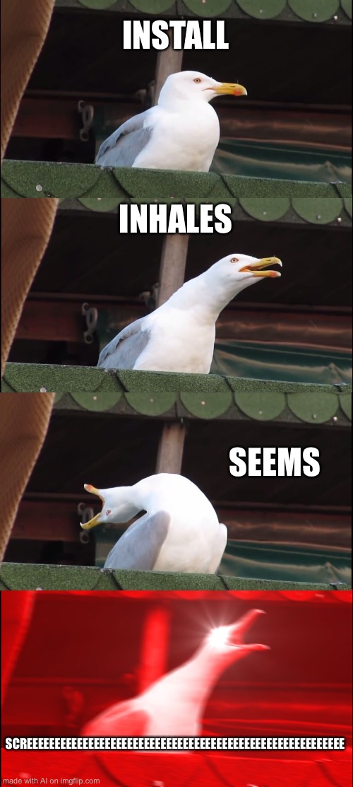 Inhaling Seagull | INSTALL; INHALES; SEEMS; SCREEEEEEEEEEEEEEEEEEEEEEEEEEEEEEEEEEEEEEEEEEEEEEEEEEEEEEEEE | image tagged in memes,inhaling seagull,ai meme | made w/ Imgflip meme maker