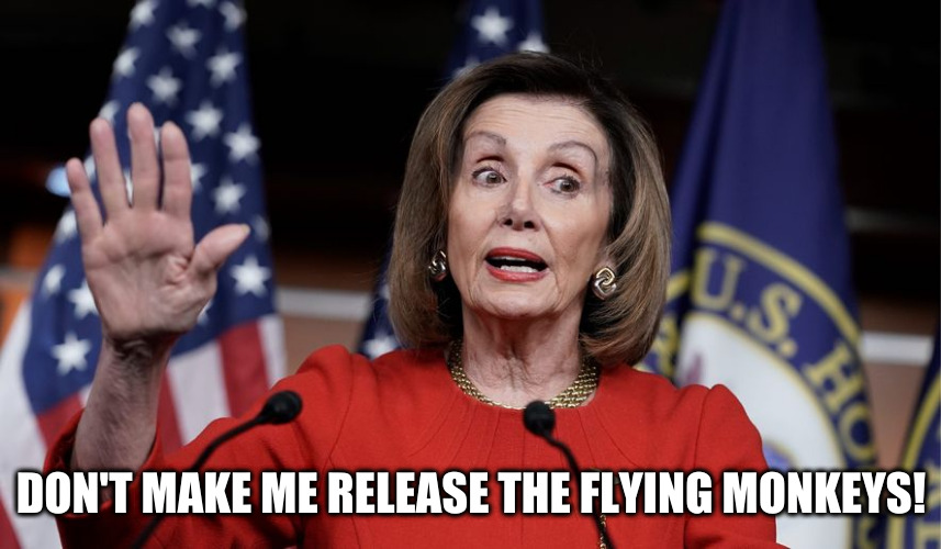 Pelosi | DON'T MAKE ME RELEASE THE FLYING MONKEYS! | image tagged in pelosi,flying monkeys,wicked witch | made w/ Imgflip meme maker