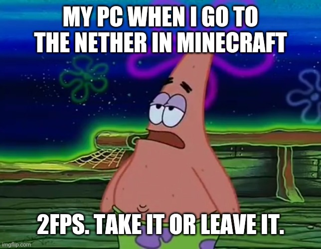 Patrick Star Take It Or Leave | MY PC WHEN I GO TO THE NETHER IN MINECRAFT; 2FPS. TAKE IT OR LEAVE IT. | image tagged in patrick star take it or leave | made w/ Imgflip meme maker