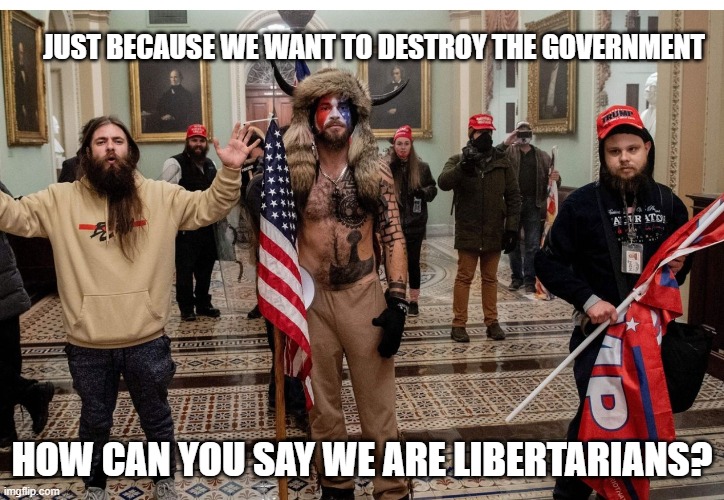 Libertarian Terrorists | JUST BECAUSE WE WANT TO DESTROY THE GOVERNMENT; HOW CAN YOU SAY WE ARE LIBERTARIANS? | image tagged in libertarian terrorists | made w/ Imgflip meme maker