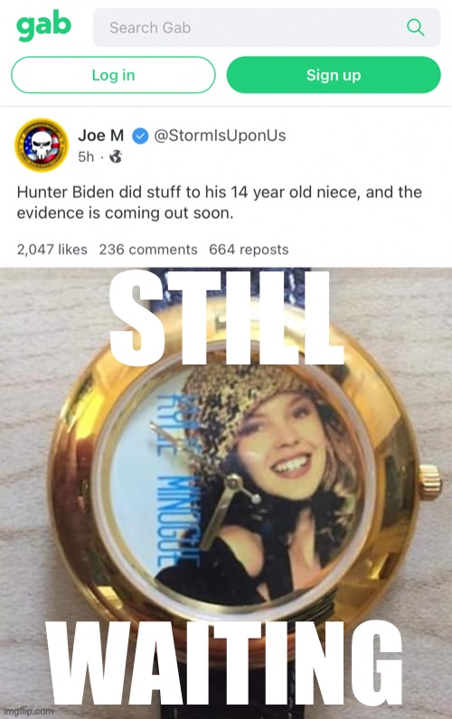 Gawd it’s so easy to be a QAnon troll: Just slander a Democrat, say “evidence is coming soon” & then forget about your shitpost | STILL; WAITING | image tagged in gab hunter biden,kylie watch,qanon | made w/ Imgflip meme maker