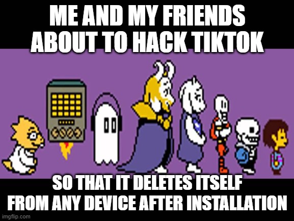 Did this for fun | ME AND MY FRIENDS ABOUT TO HACK TIKTOK; SO THAT IT DELETES ITSELF FROM ANY DEVICE AFTER INSTALLATION | image tagged in memes | made w/ Imgflip meme maker