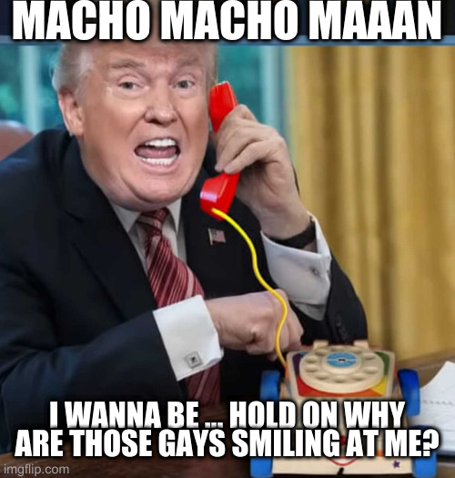 I'm the president | MACHO MACHO MAAAN I WANNA BE ... HOLD ON WHY ARE THOSE GAYS SMILING AT ME? | image tagged in i'm the president | made w/ Imgflip meme maker